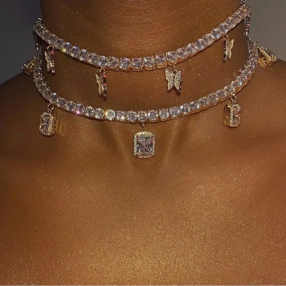 Gold tennis butterfly and square gemstone Choker Necklace set